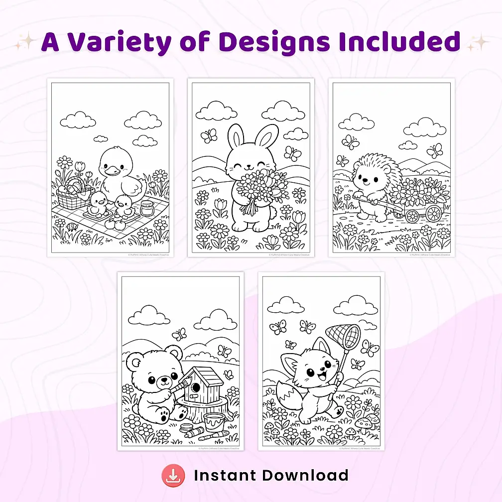35+ Spring Meadow Adventures Coloring Pages, Cute Animals & Flower Field Scenes Printable Spring Nature PDF