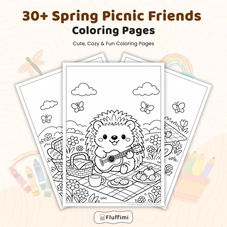 30+ Spring Picnic Friends Coloring Pages, Cute Animal Picnic & Meadow Coloring Book PDF