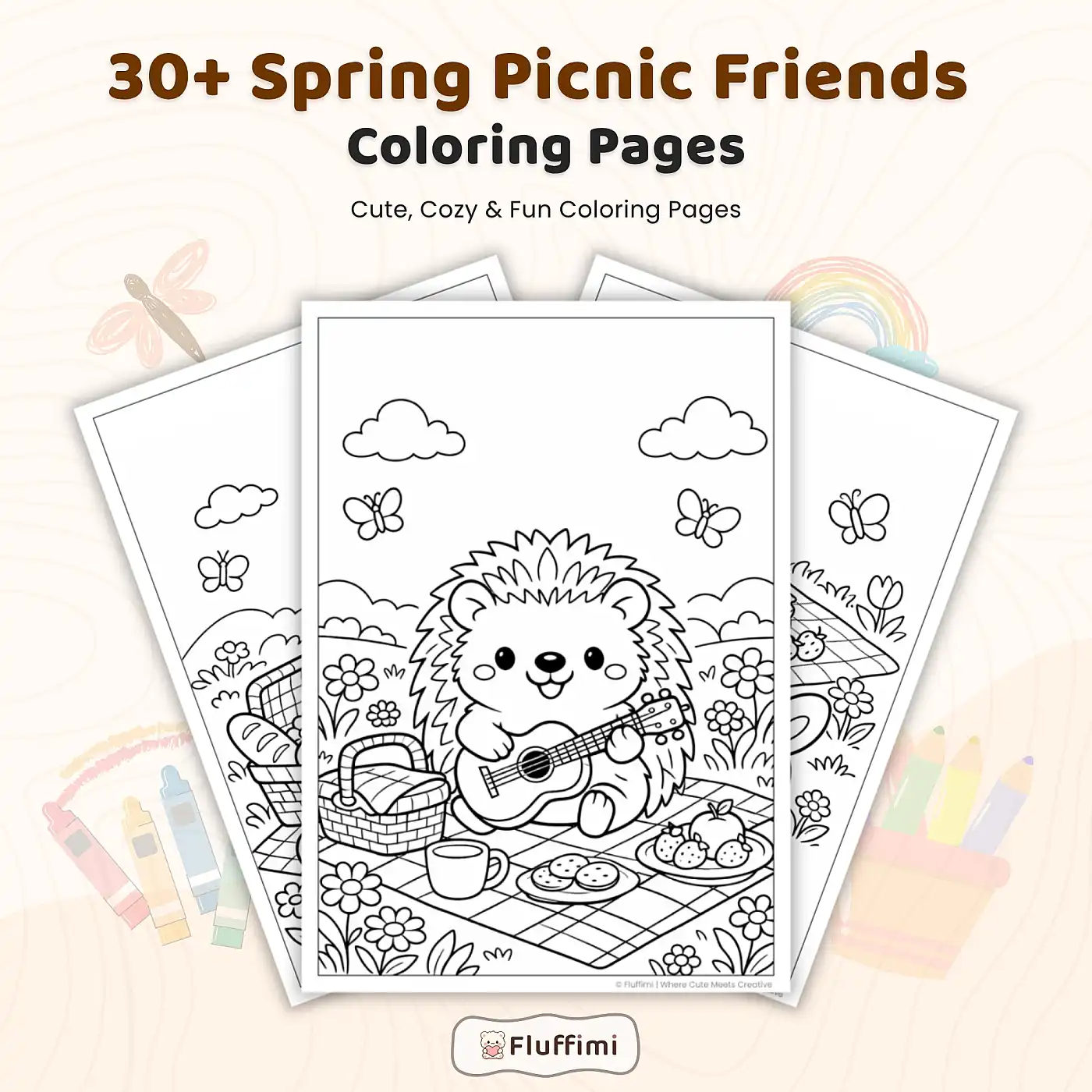 30+ Spring Picnic Friends Coloring Pages, Cute Animal Picnic & Meadow Coloring Book PDF