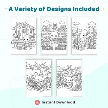 40+ Bunny Village Life Coloring Pages, Cozy Rabbit Cottage & Countryside Coloring Book PDF