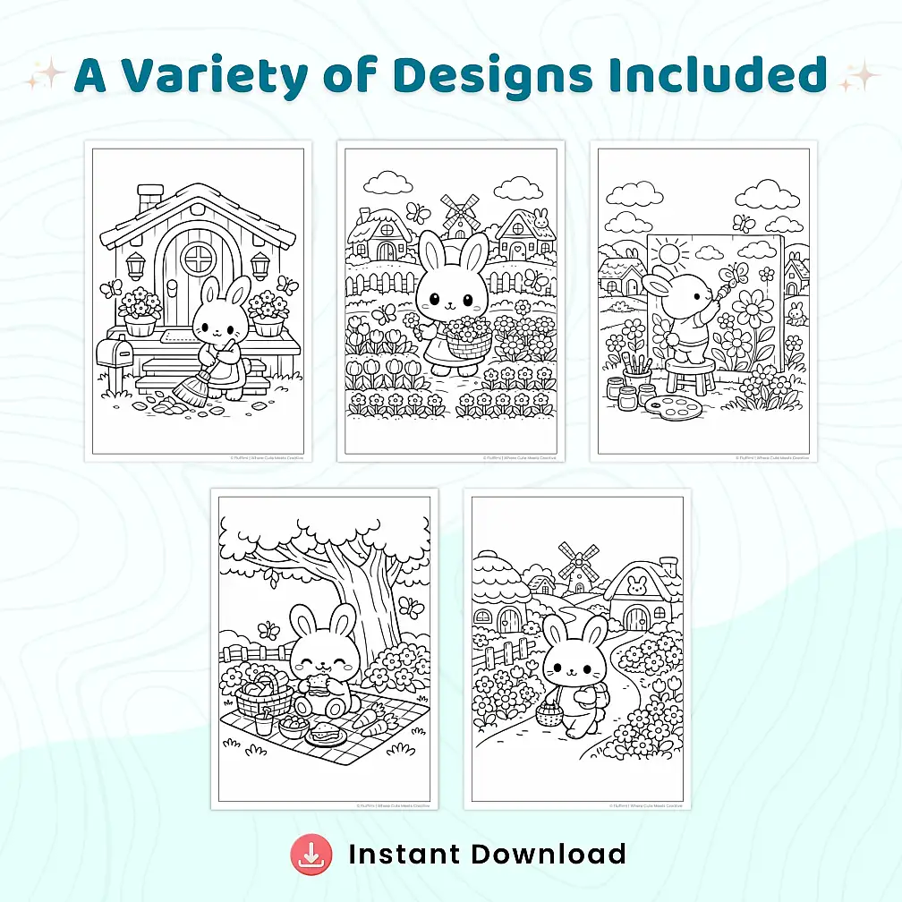 40+ Bunny Village Life Coloring Pages, Cozy Rabbit Cottage & Countryside Coloring Book PDF