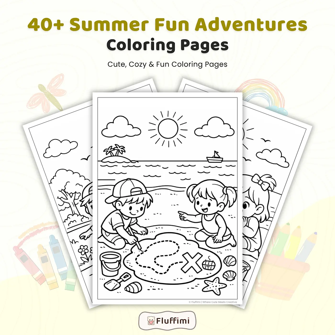 40+ Summer Fun Adventures Coloring Pages, Kids Beach and Vacation Activities Coloring Book PDF
