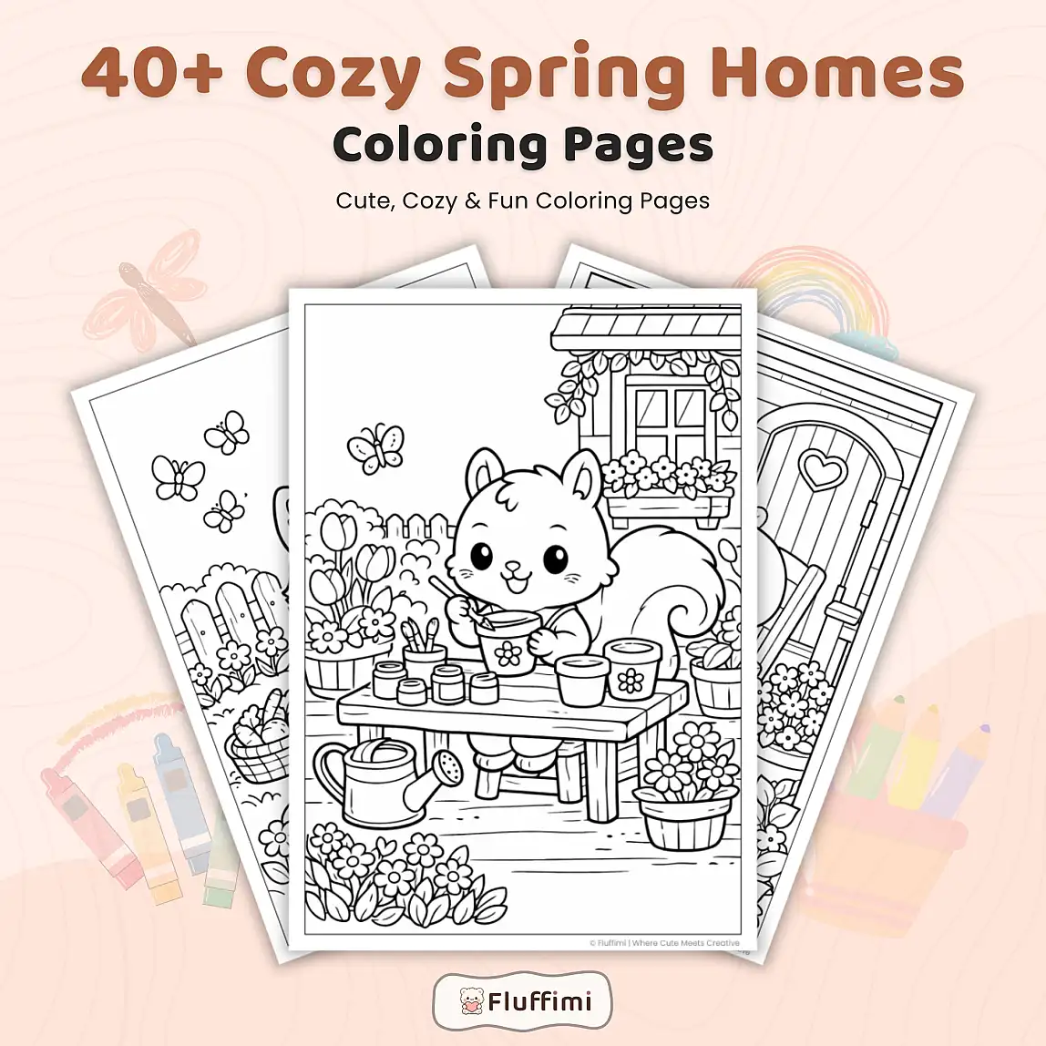 40+ Cozy Spring Homes Coloring Pages, Cottage & Garden Animal Village Scenes, Printable Spring Coloring Book PDF