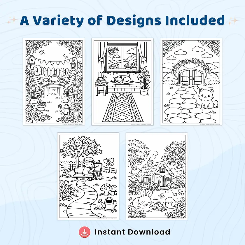 45+ Cozy Spring Coloring Pages, Charming Cottages & Blooming Garden Scenes Printable Coloring Book