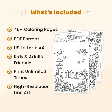 45+ Spring Garden Coloring Pages, Flower Garden Scenes, Cozy Nature Gardens and Gardening Activities Printable PDF