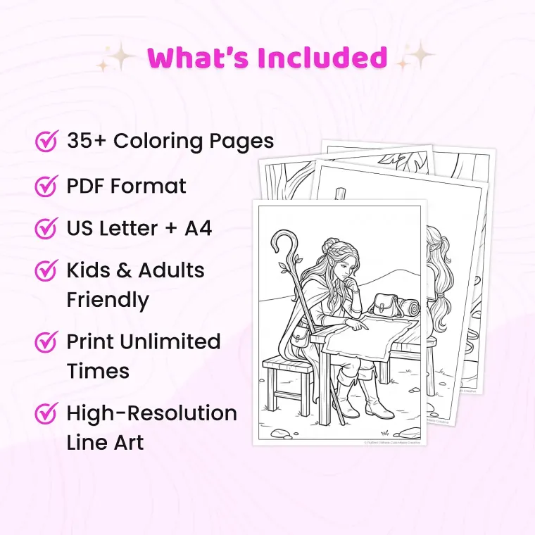 Freebie Fantasy Elf Druid Girl Coloring Pages