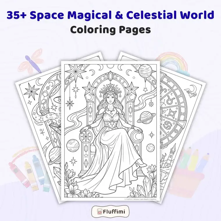 35+ Space Magical & Celestial World Coloring Pages for Adults, Cosmic Fantasy Coloring Book
