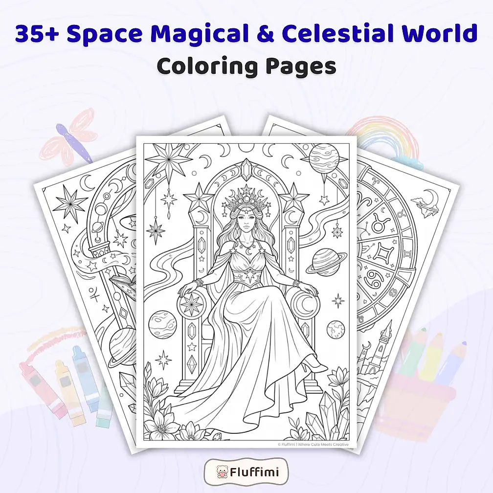 35+ Space Magical & Celestial World Coloring Pages for Adults, Cosmic Fantasy Coloring Book