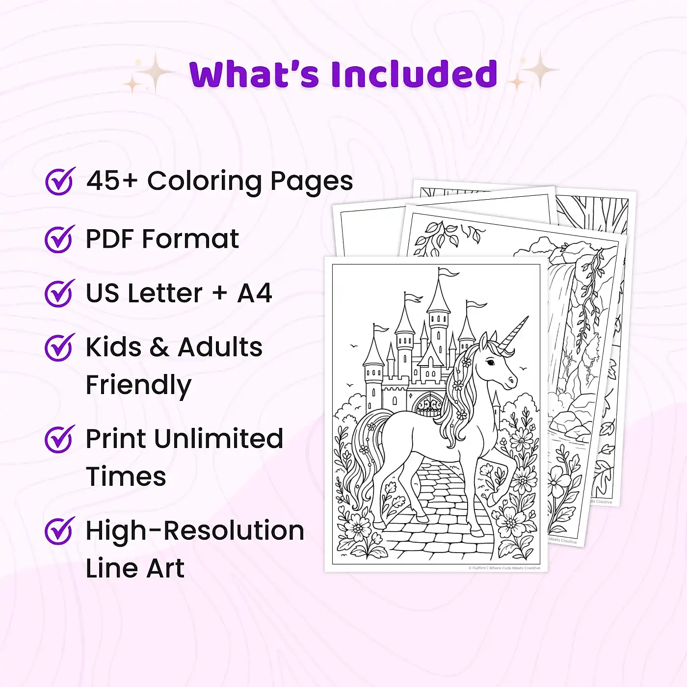 45+ Unicorn Coloring Pages Bundle – Fantasy Unicorns, Magical Castles & Enchanted Nature Scenes