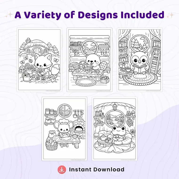 35+ Woodland Animal Homes Coloring Pages, Cozy Forest Cottage & Mushroom House Coloring Book PDF