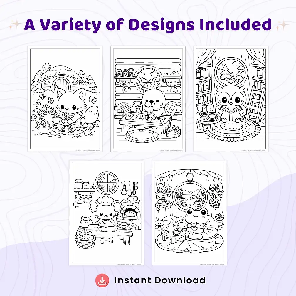 35+ Woodland Animal Homes Coloring Pages, Cozy Forest Cottage & Mushroom House Coloring Book PDF