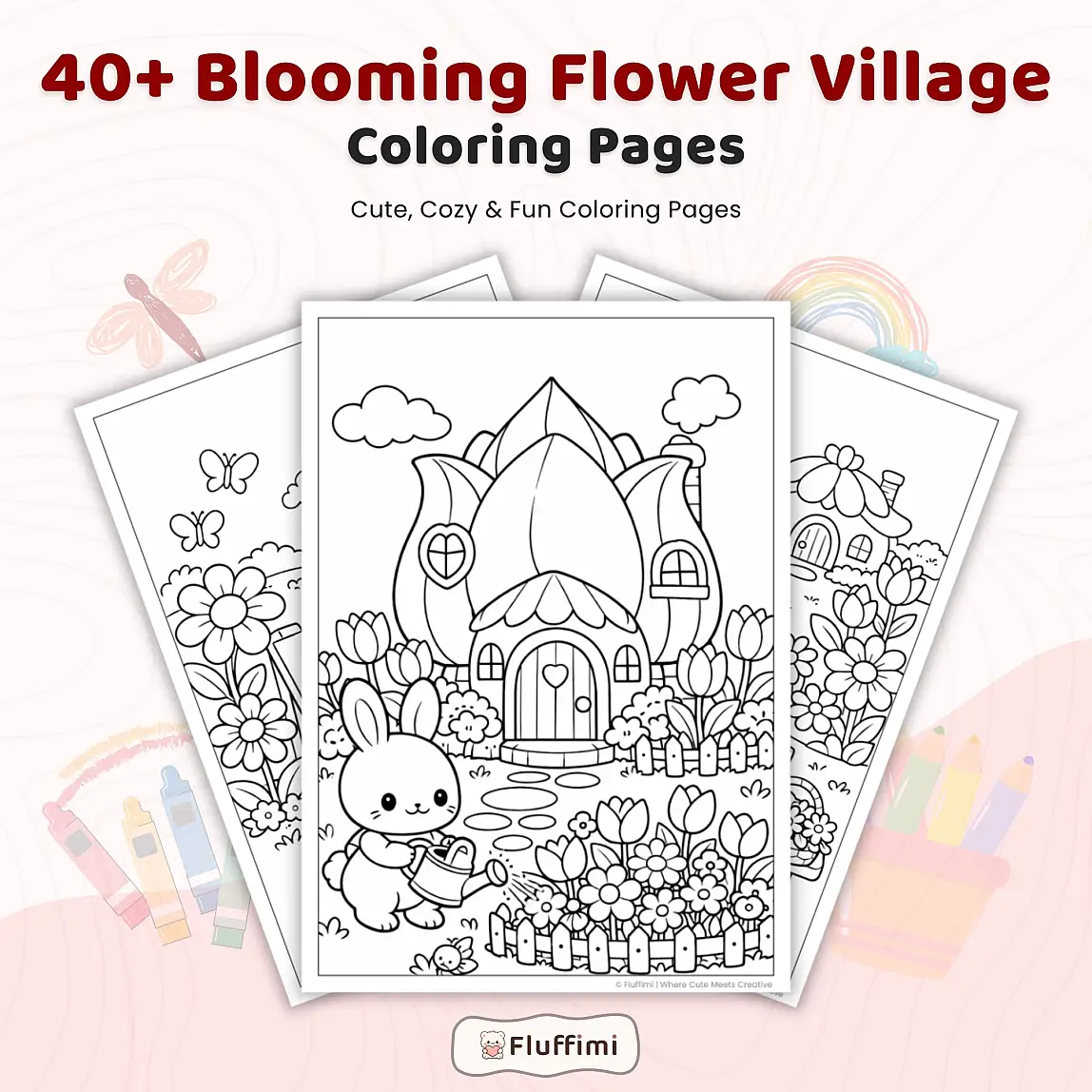 40+ Blooming Flower Village Coloring Pages, Floral Cottage & Garden Animal Scenes Printable Spring Village PDF