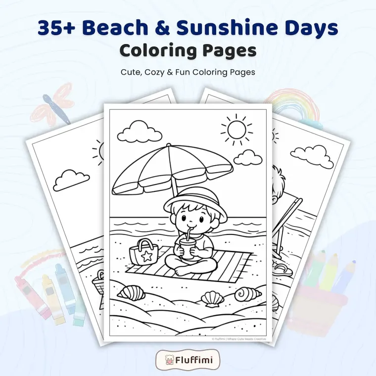 35+ Beach and Sunshine Days Coloring Pages, Kids Summer Beach Activities Coloring Book PDF