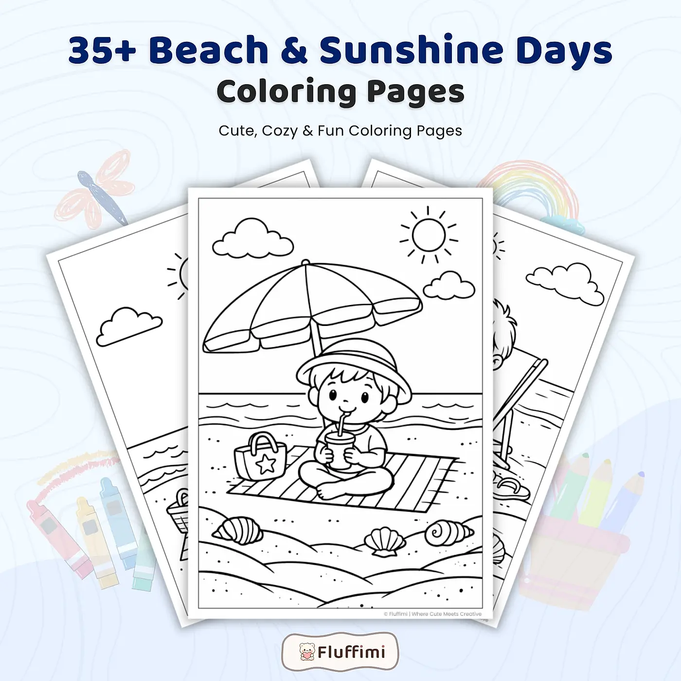35+ Beach and Sunshine Days Coloring Pages, Kids Summer Beach Activities Coloring Book PDF