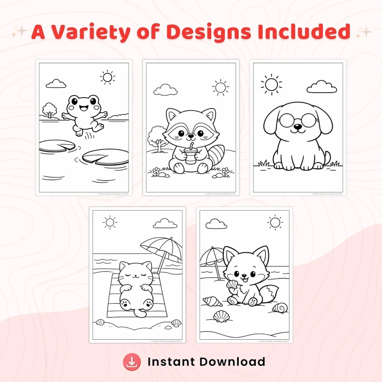 35+ Cute Animal Summer Life Coloring Pages, Kawaii Beach Animals and Summer Adventure Coloring Book PDF