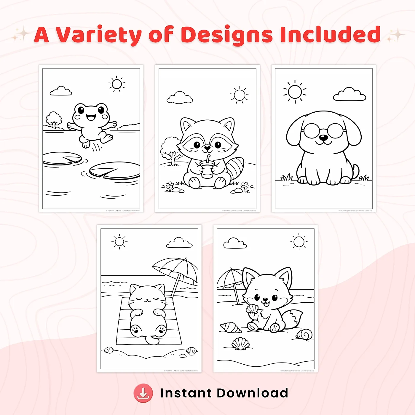 35+ Cute Animal Summer Life Coloring Pages, Kawaii Beach Animals and Summer Adventure Coloring Book PDF