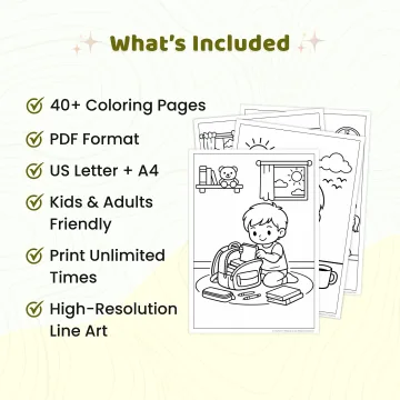40+ School Days Happy Learning Coloring Pages, Kids School Routine Activities, Classroom Fun Coloring Book PDF