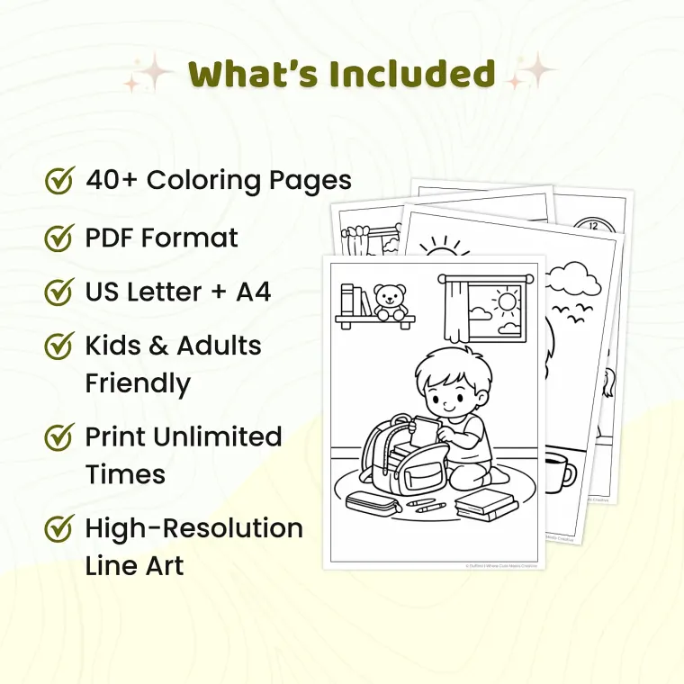 40+ School Days Happy Learning Coloring Pages, Kids School Routine Activities, Classroom Fun Coloring Book PDF
