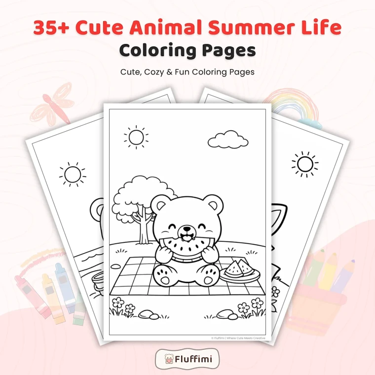 35+ Cute Animal Summer Life Coloring Pages, Kawaii Beach Animals and Summer Adventure Coloring Book PDF