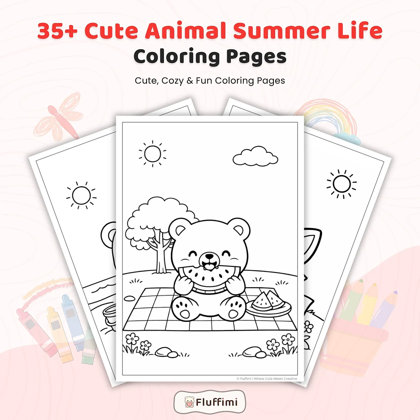 35+ Cute Animal Summer Life Coloring Pages, Kawaii Beach Animals and Summer Adventure Coloring Book PDF