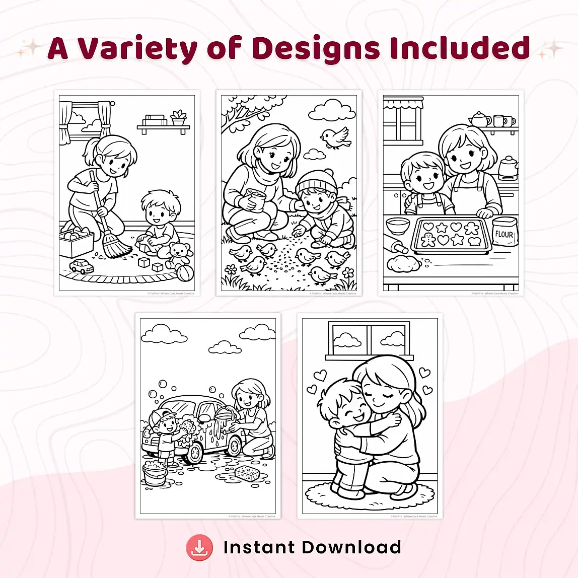 35+ Family Love & Mom Care Coloring Pages, Mother and Children Bonding Activities, Printable Family Coloring Book PDF