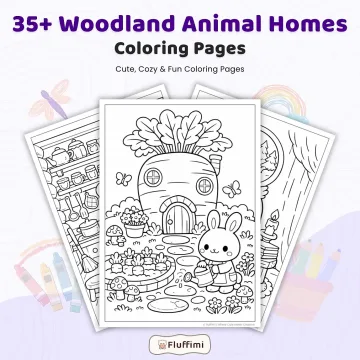 35+ Woodland Animal Homes Coloring Pages, Cozy Forest Cottage & Mushroom House Coloring Book PDF