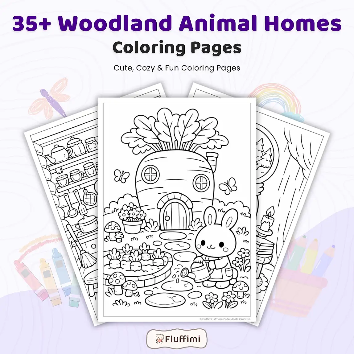 35+ Woodland Animal Homes Coloring Pages, Cozy Forest Cottage & Mushroom House Coloring Book PDF