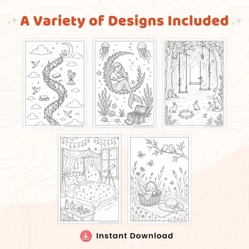 45+ Aesthetic Coloring Pages Bundle – 45+ Cozy Fantasy Rooms & Whimsical Home Scenes