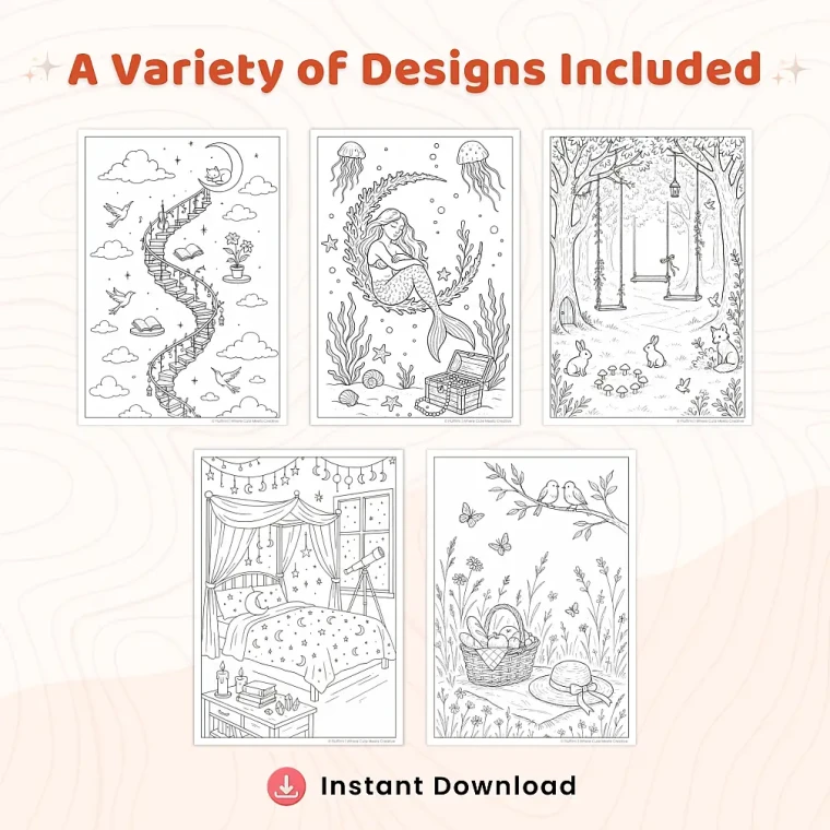 45+ Aesthetic Coloring Pages Bundle – 45+ Cozy Fantasy Rooms & Whimsical Home Scenes