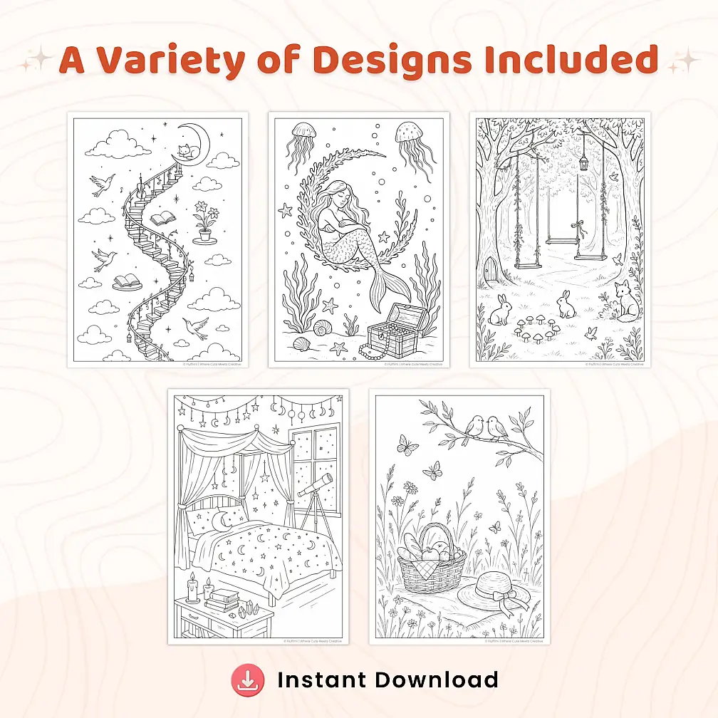 45+ Aesthetic Coloring Pages Bundle – 45+ Cozy Fantasy Rooms & Whimsical Home Scenes