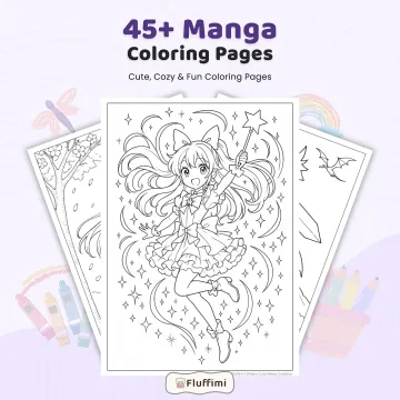 45+ Manga Coloring Pages for Kids and Adults, Cute Anime Girls, Fantasy Fairies Coloring Book PDF