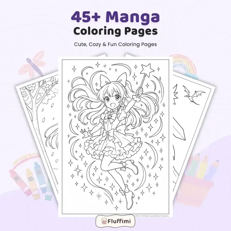 45+ Manga Coloring Pages for Kids and Adults, Cute Anime Girls, Fantasy Fairies Coloring Book PDF
