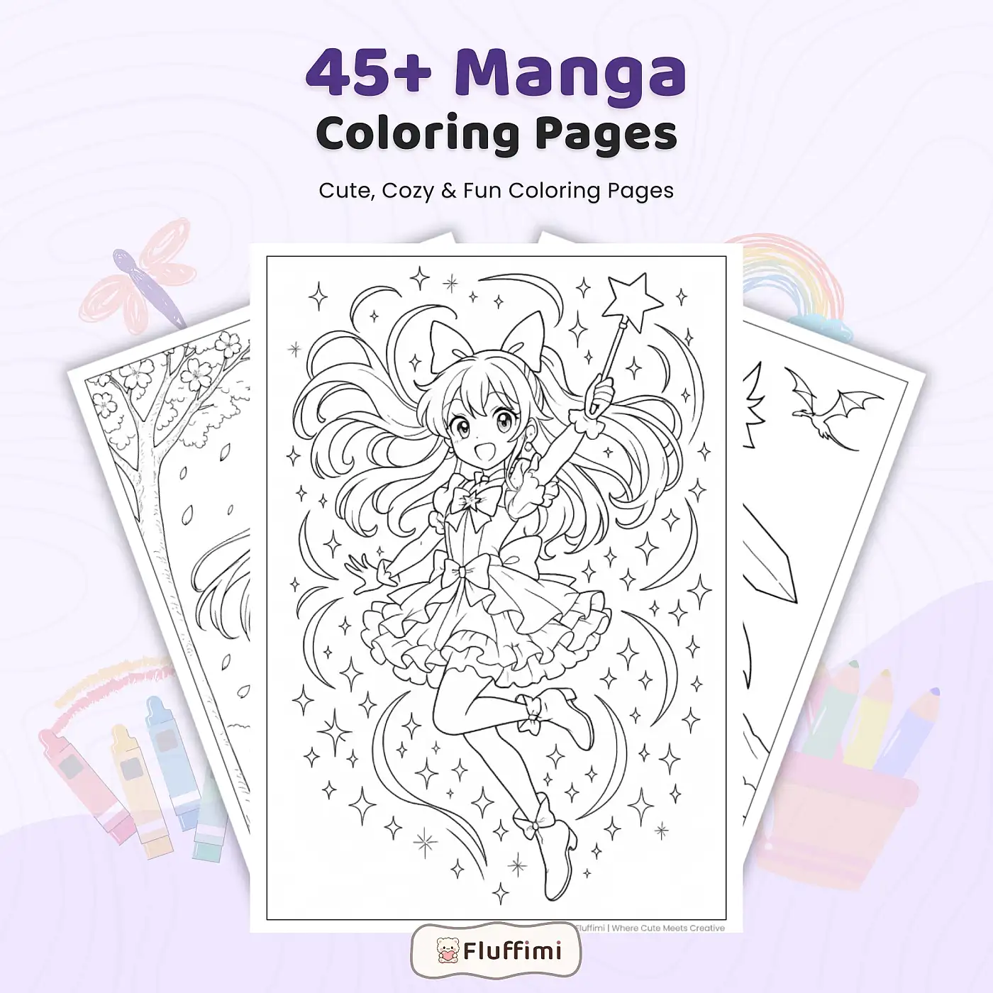 45+ Manga Coloring Pages for Kids and Adults, Cute Anime Girls, Fantasy Fairies Coloring Book PDF