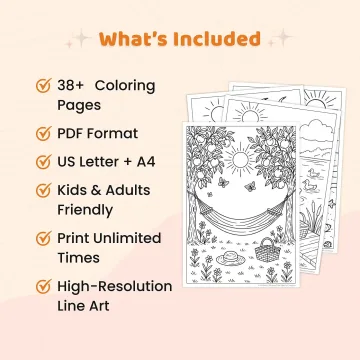 Summer Coloring Pages Printable PDF Bundle for Kids, Teens & Adults