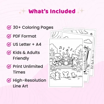 30+ Animal Music Band Coloring Pages, Cute Animal Musicians and Concert Coloring Book PDF