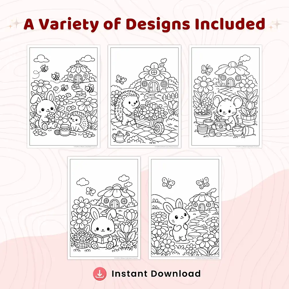 40+ Blooming Flower Village Coloring Pages, Floral Cottage & Garden Animal Scenes Printable Spring Village PDF