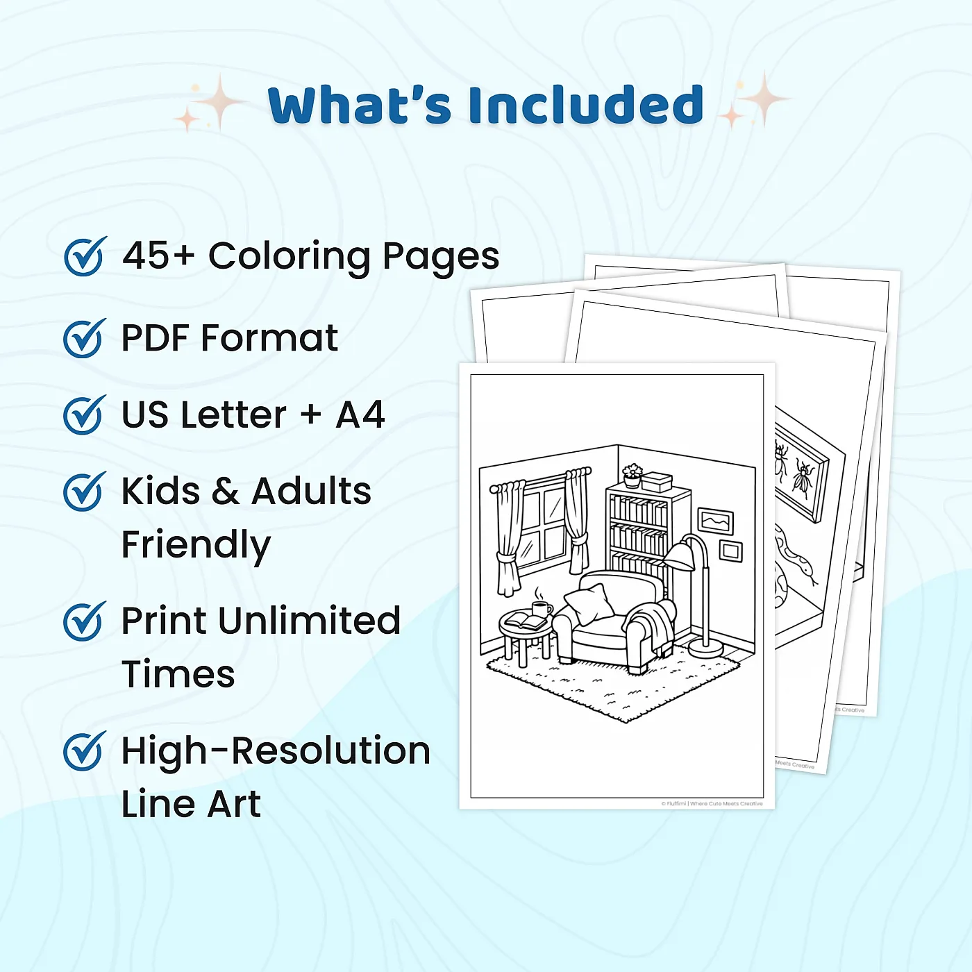 45+ Cozy Corner Coloring Pages for Adults & Teens | Relaxing Home and Comfy Room Coloring Book