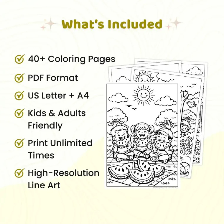 40+ Summer Fun Adventures Coloring Pages, Kids Beach and Vacation Activities Coloring Book PDF