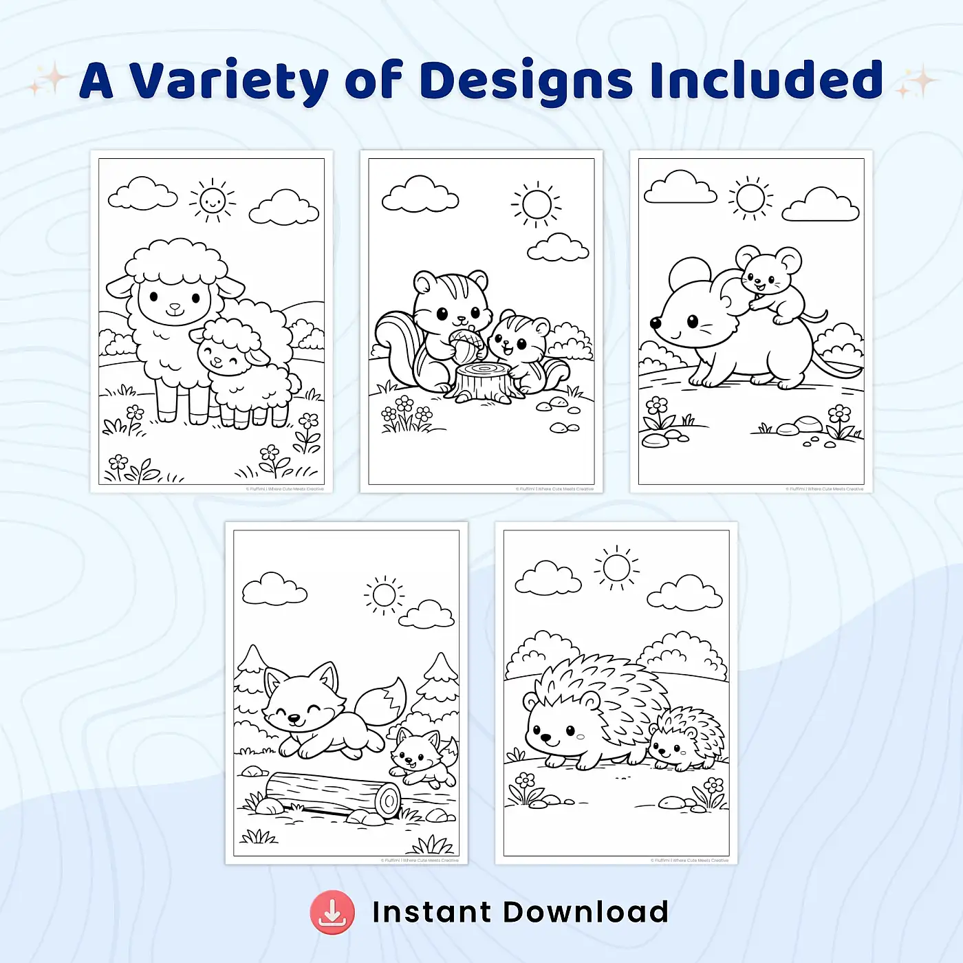 40+ Cute Mom and Baby Animals Coloring Pages, Animal Family Coloring Book, Kawaii Wildlife & Farm Animal Printable PDF